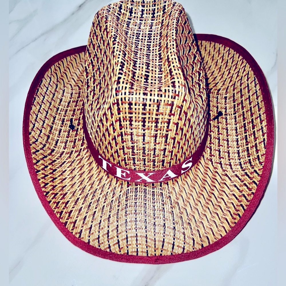 Texas Straw Cowboy Hat with burgundy trim
